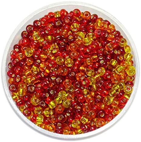Rocailles Glasperlen-Mix mit Silbereinzug, 2.6mm, 17g im Döschen, verschiedene Farben - gelb-orange-rot Mix
