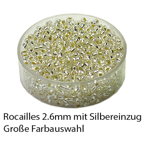 Rocailles Glasperlen mit Silbereinzug, 2.6mm rund, 17g im Döschen, verschiedene Farben